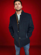 men's royal blue wool blend slim fit coat with detachable collar