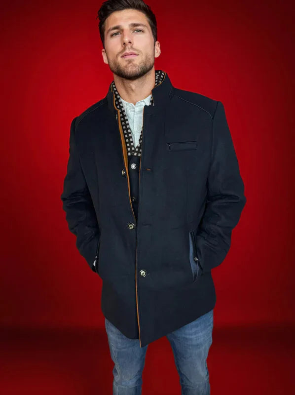 men's royal blue wool blend slim fit coat with detachable collar