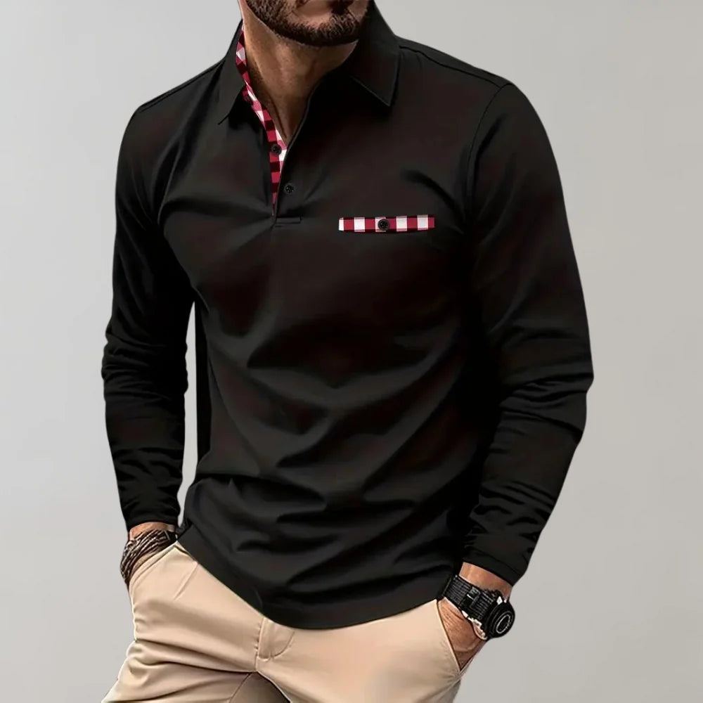 Men's Classic Long-Sleeve Polo Shirt for Smart-Casual Wear — Black