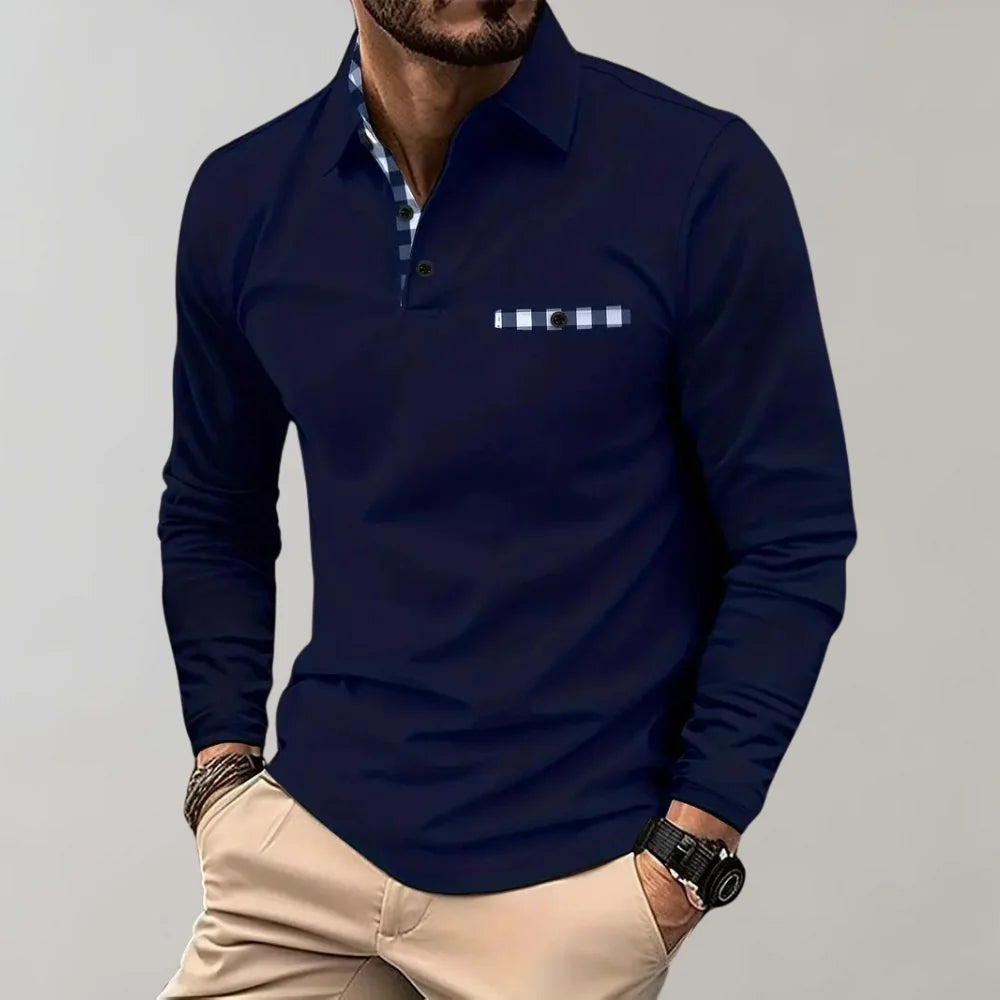 Men's Classic Long-Sleeve Polo Shirt for Smart-Casual Wear — Marine blue