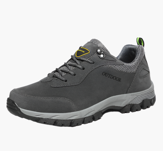 Men's waterproof hiking shoes in grey with cushioned sole and trail grip
