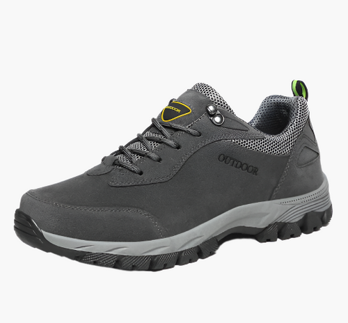 Men's waterproof hiking shoes in grey with cushioned sole and trail grip