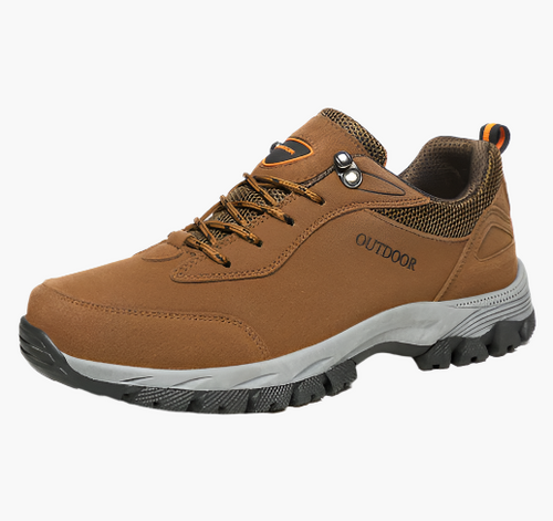 Men's waterproof hiking shoes in grey with cushioned sole and trail grip