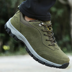 Men's waterproof hiking shoes in grey with cushioned sole and trail grip