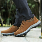 Men's waterproof hiking shoes in grey with cushioned sole and trail grip
