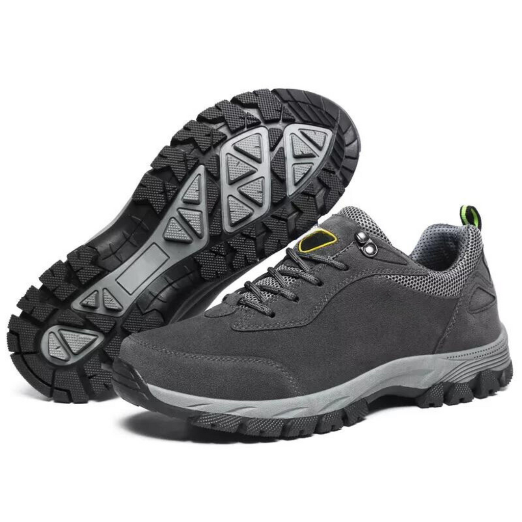 Men's waterproof hiking shoes in grey with cushioned sole and trail grip