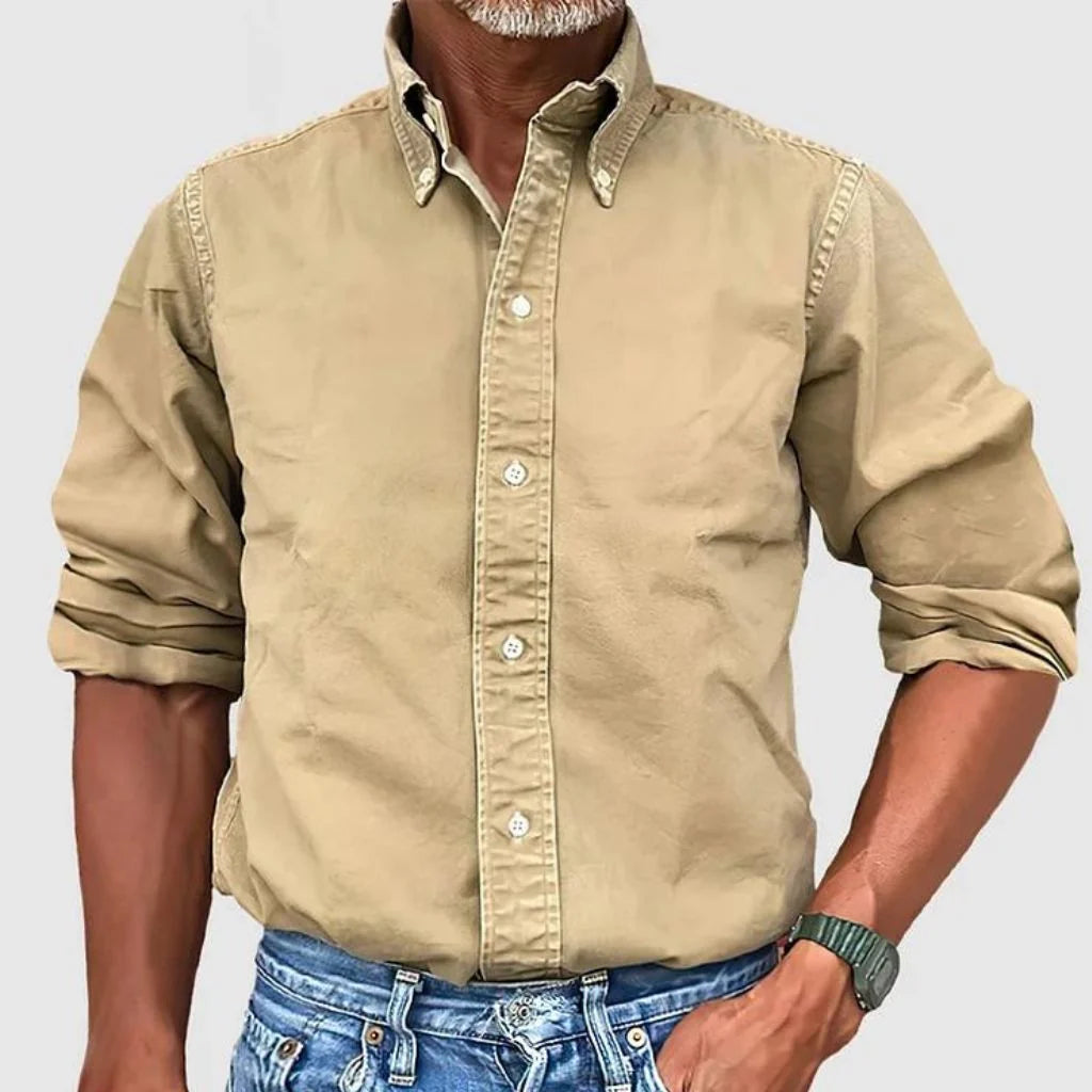Men's Regular Fit Long Sleeve Collared Shirt for Work — Khaki