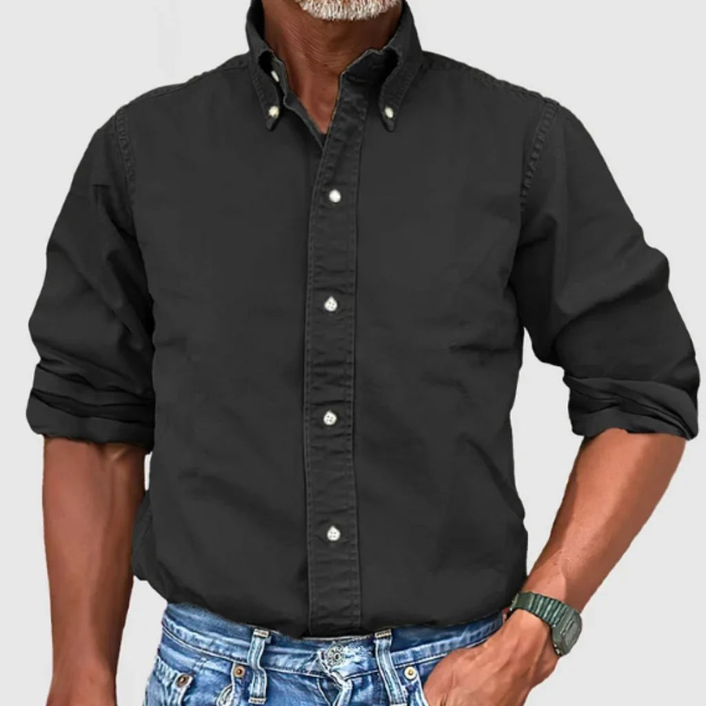 Men's Regular Fit Long Sleeve Collared Shirt for Work — Black