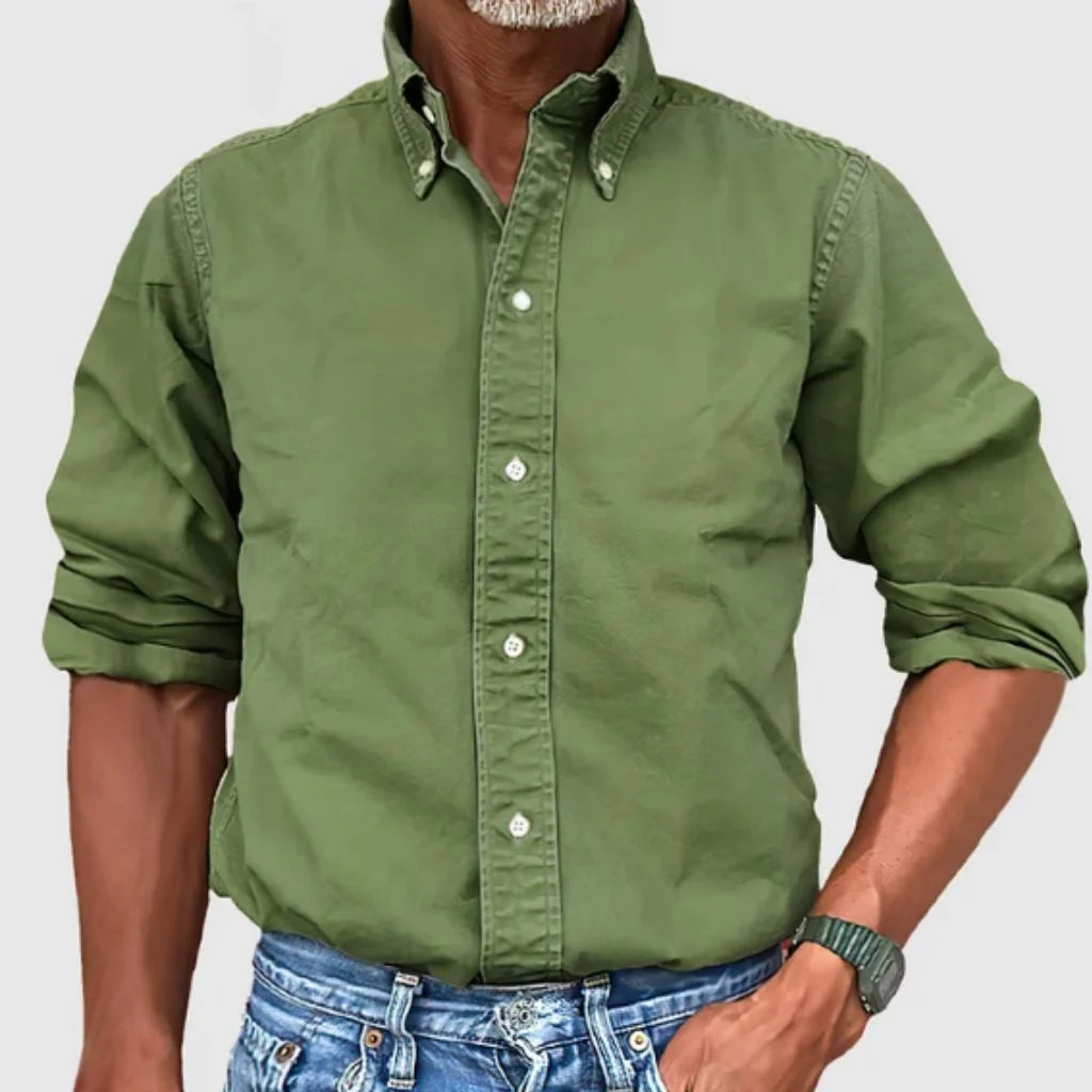 Men's Regular Fit Long Sleeve Collared Shirt for Work — Army Green