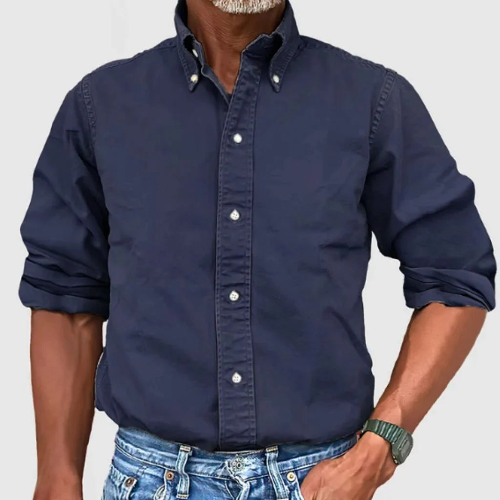Men's Regular Fit Long Sleeve Collared Shirt for Work — Navy Blue