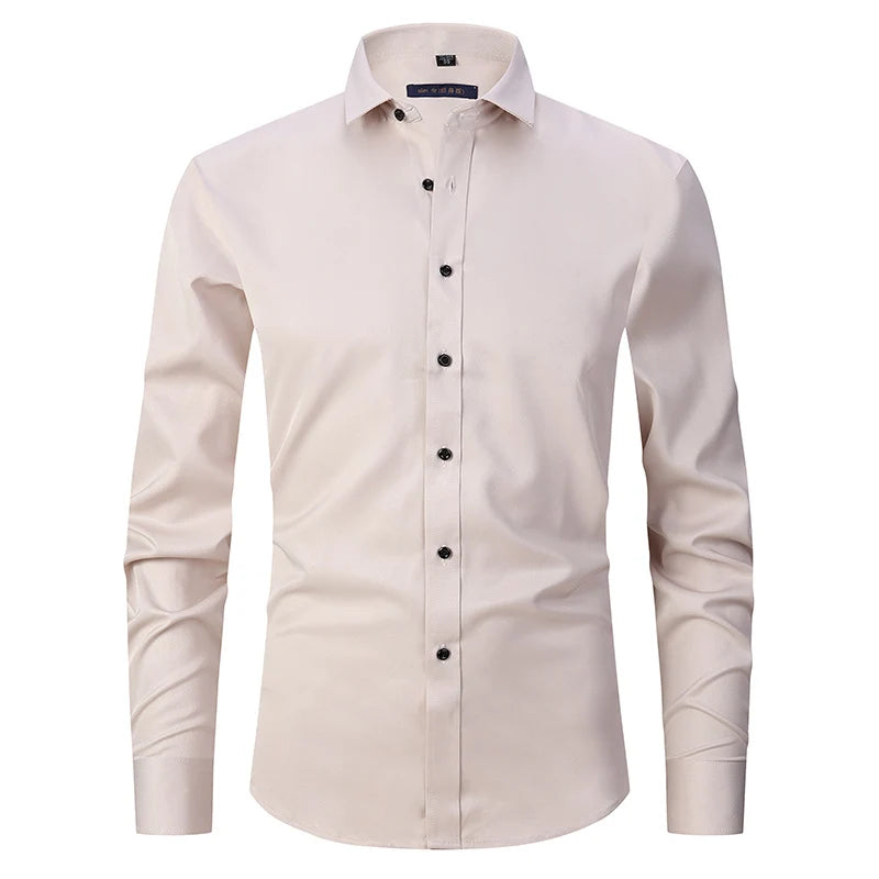 Men's Slim Fit Long Sleeve Dress Shirt for Formal Wear — Beige