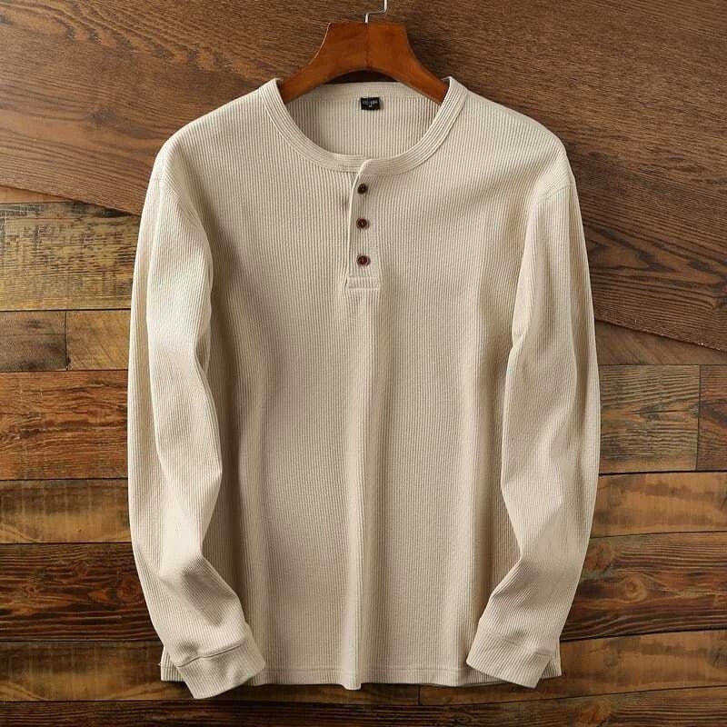 Men's Soft Henley Neck Shirt in Breathable Fabric for Everyday Wear — Beige