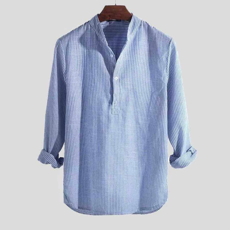Men's Striped Long Sleeve Henley Shirt for Everyday Layering — Blue