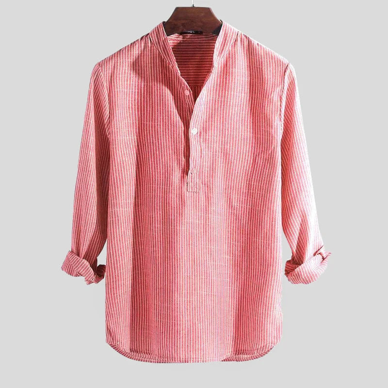 Men's Striped Long Sleeve Henley Shirt for Everyday Layering — Red