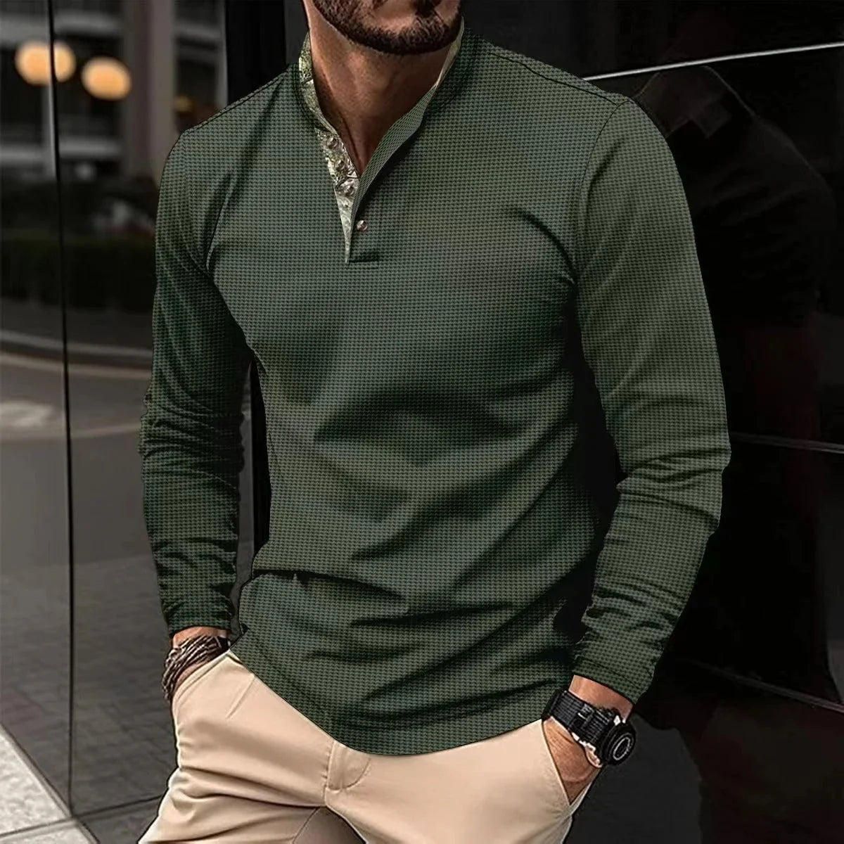 Men's Long-Sleeve Polo Shirt for Smart-Casual Everyday Style — Army Green