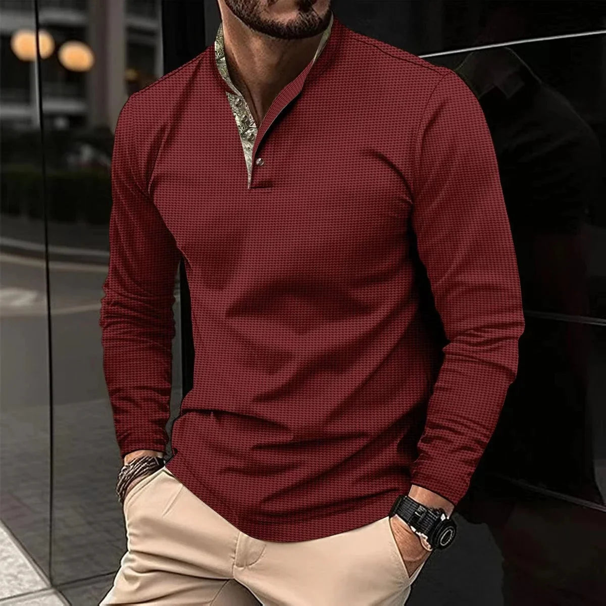 Men's Long-Sleeve Polo Shirt for Smart-Casual Everyday Style — Red