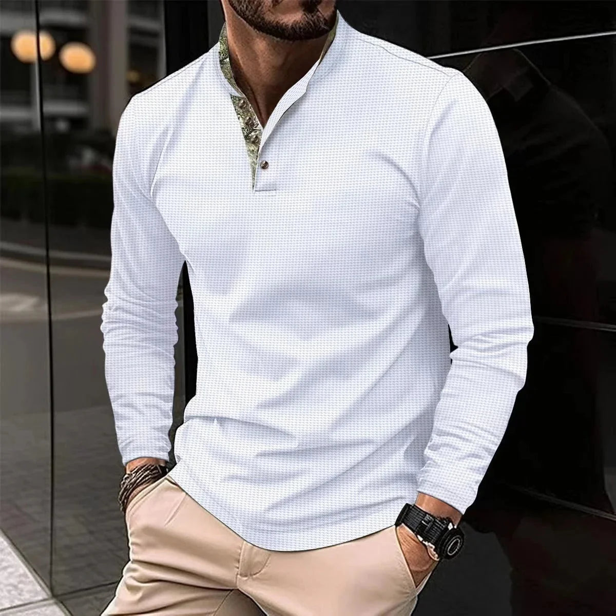 Men's Long-Sleeve Polo Shirt for Smart-Casual Everyday Style — White