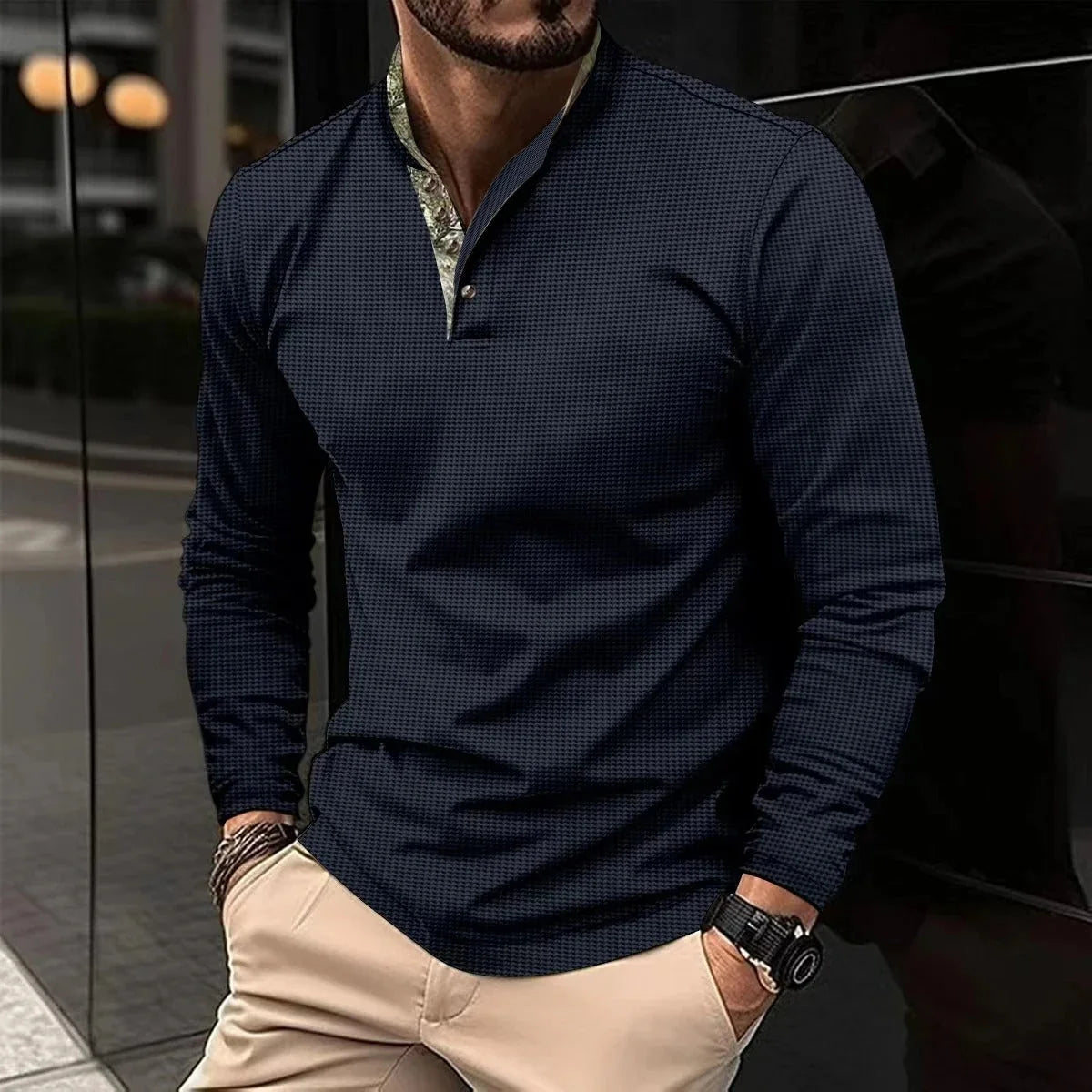 Men's Long-Sleeve Polo Shirt for Smart-Casual Everyday Style — Navy Blue