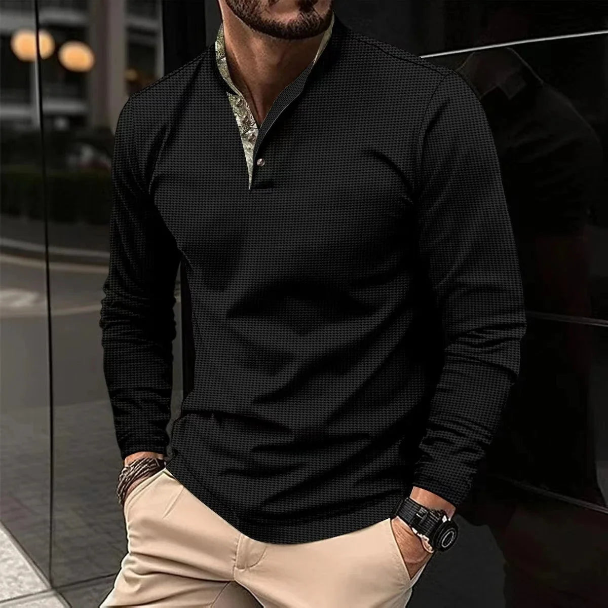 Men's Long-Sleeve Polo Shirt for Smart-Casual Everyday Style — Black