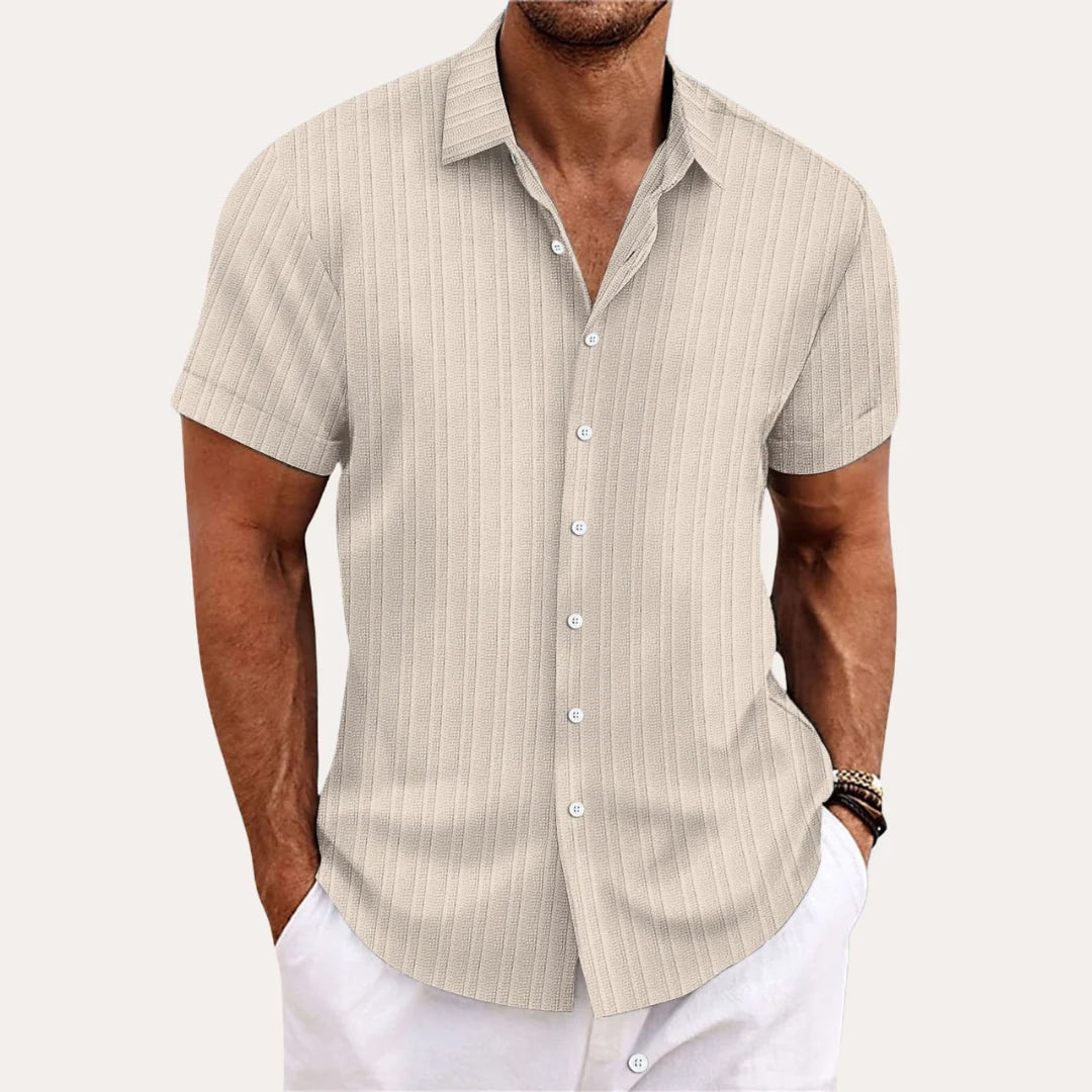 Men's Striped Short Sleeve Cotton Shirt for Summer Wear — Beige