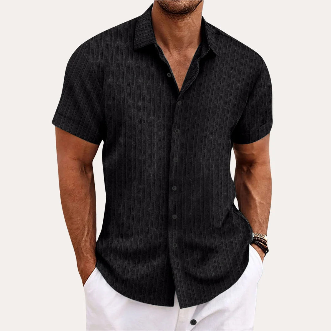 Men's Striped Short Sleeve Cotton Shirt for Summer Wear — Black