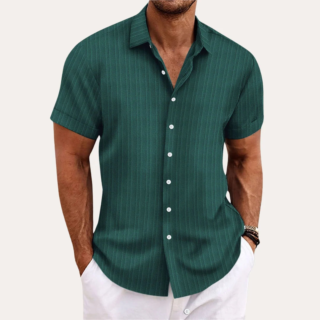 Men's Striped Short Sleeve Cotton Shirt for Summer Wear — Green