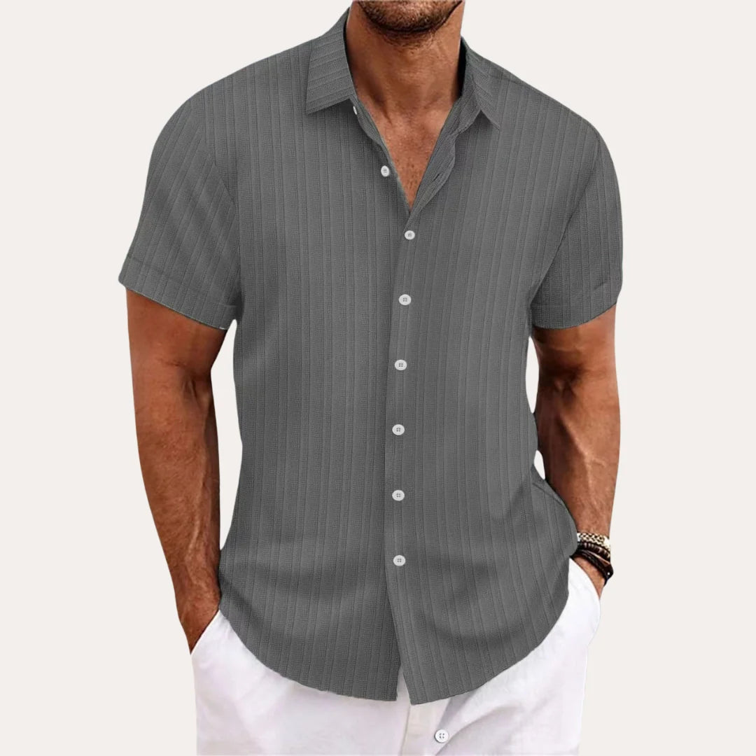 Men's Striped Short Sleeve Cotton Shirt for Summer Wear — Gray