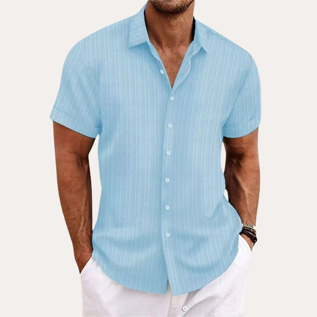 Men's Striped Short Sleeve Cotton Shirt for Summer Wear — Light Blue