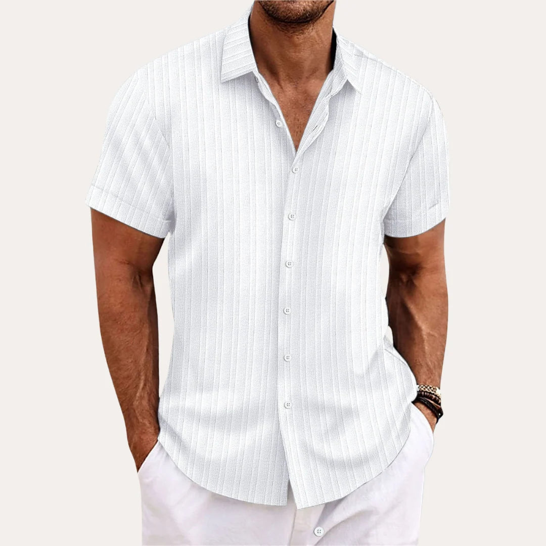Men's Striped Short Sleeve Cotton Shirt for Summer Wear — White