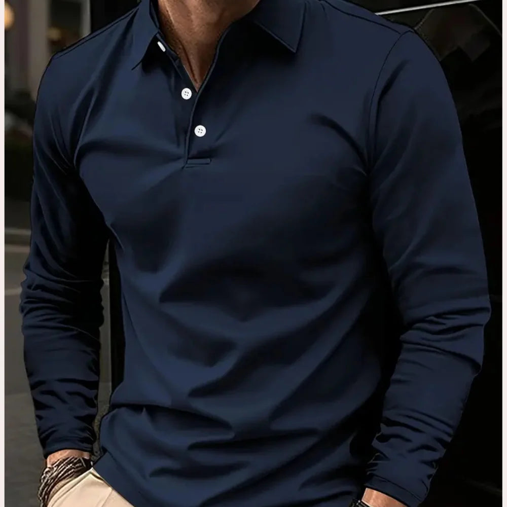 Men's Timeless Long Sleeve Polo Shirt for Everyday Wear — Marine blue