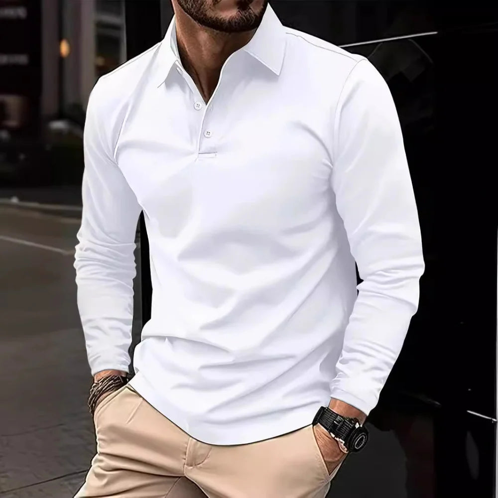 Men's Timeless Long Sleeve Polo Shirt for Everyday Wear — White