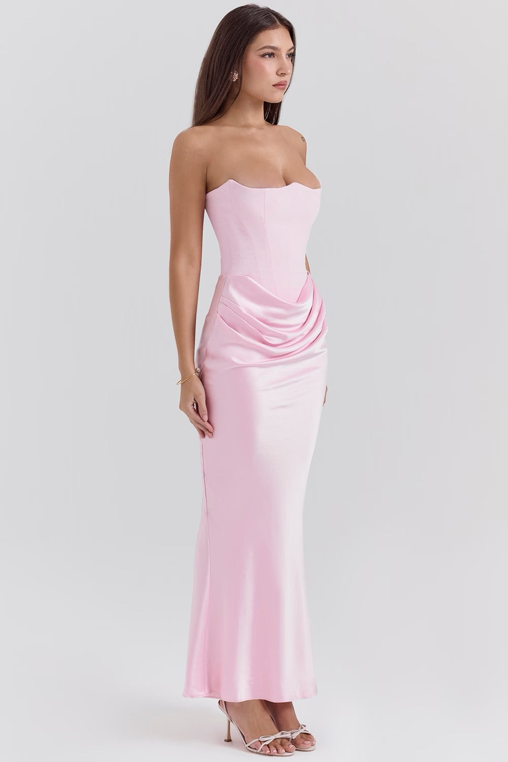 Baby Pink corset maxi dress with a flowing, breathable maxi-length skirt