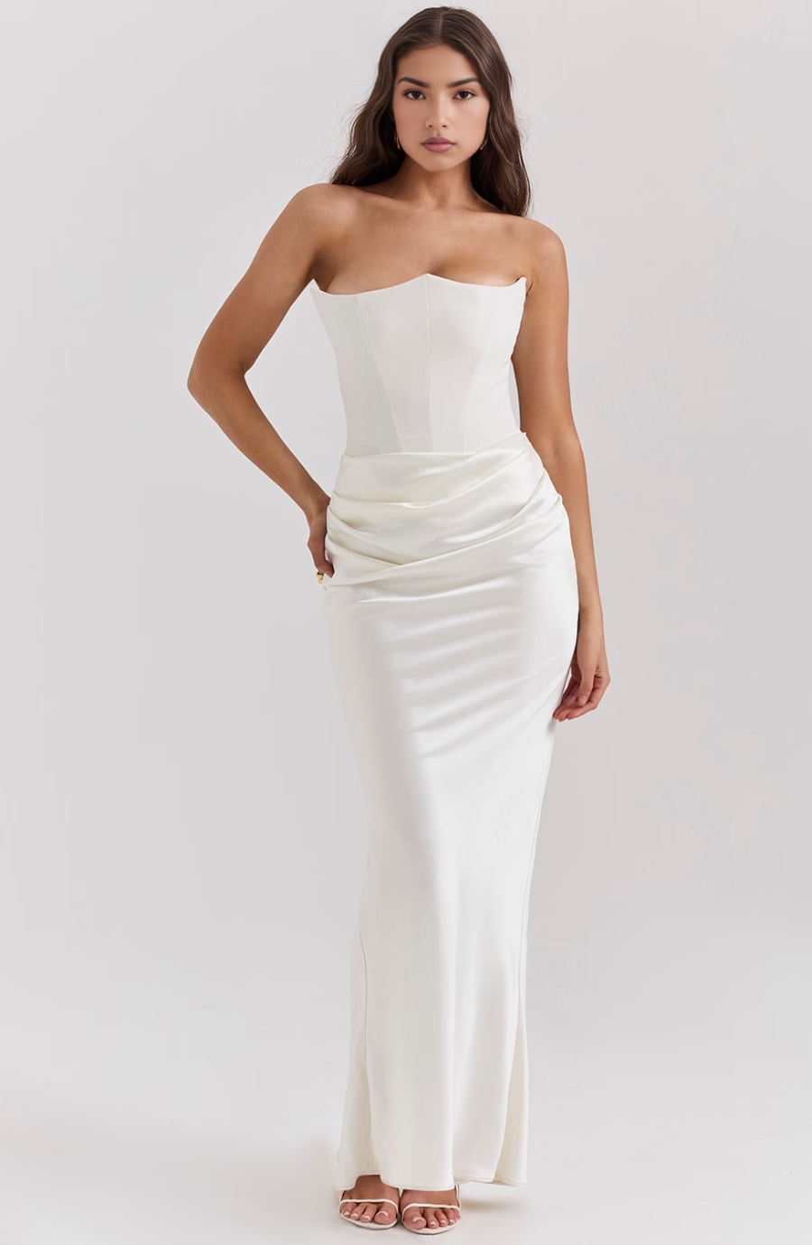White corset maxi dress, front draping detail shown up close