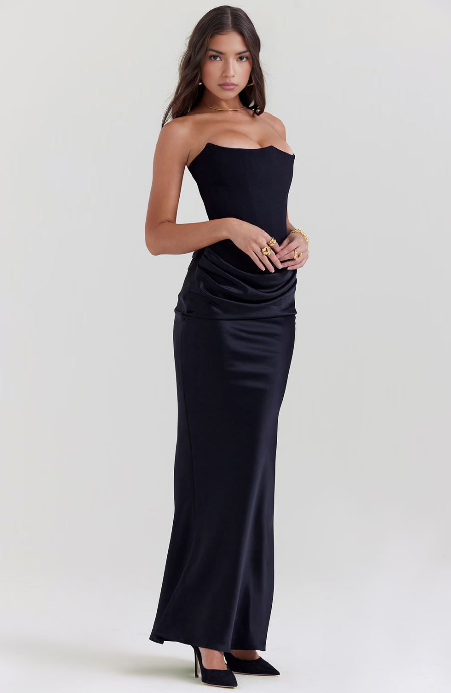 Black corset maxi dress with a concealed back zipper closure