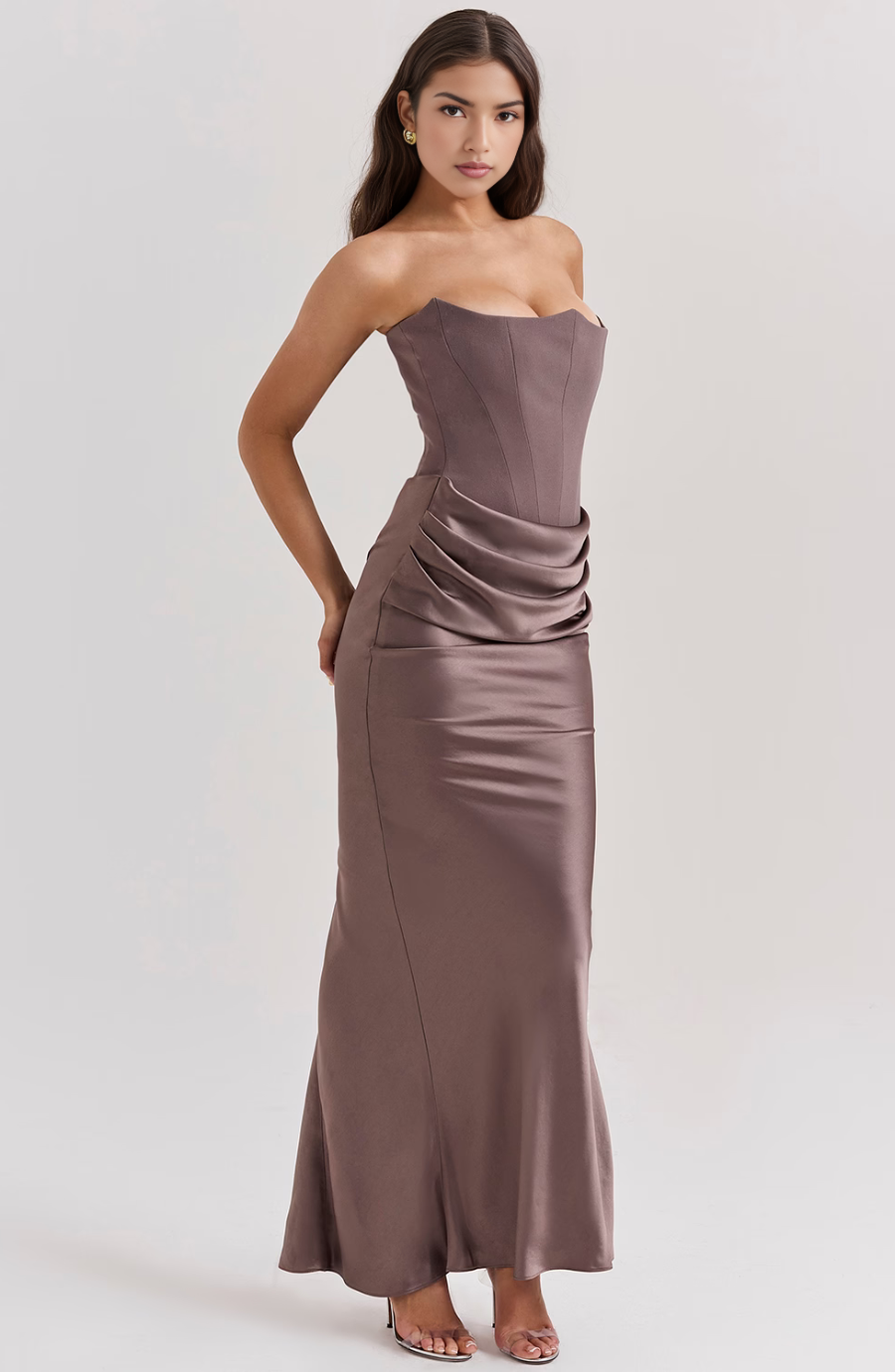 Brown corset maxi dress with strapless bodice and front draping