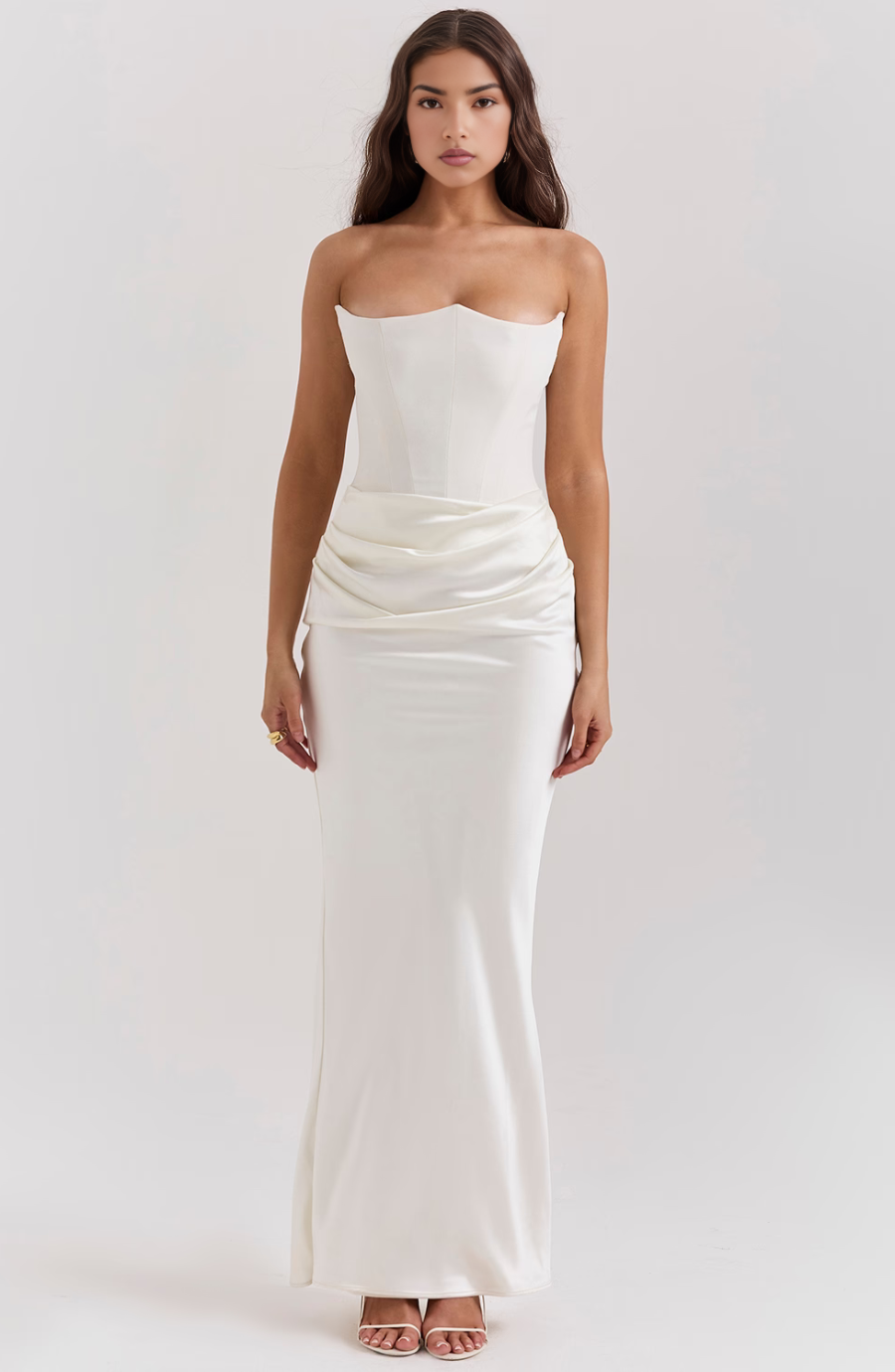 White corset maxi dress, front draping detail shown up close