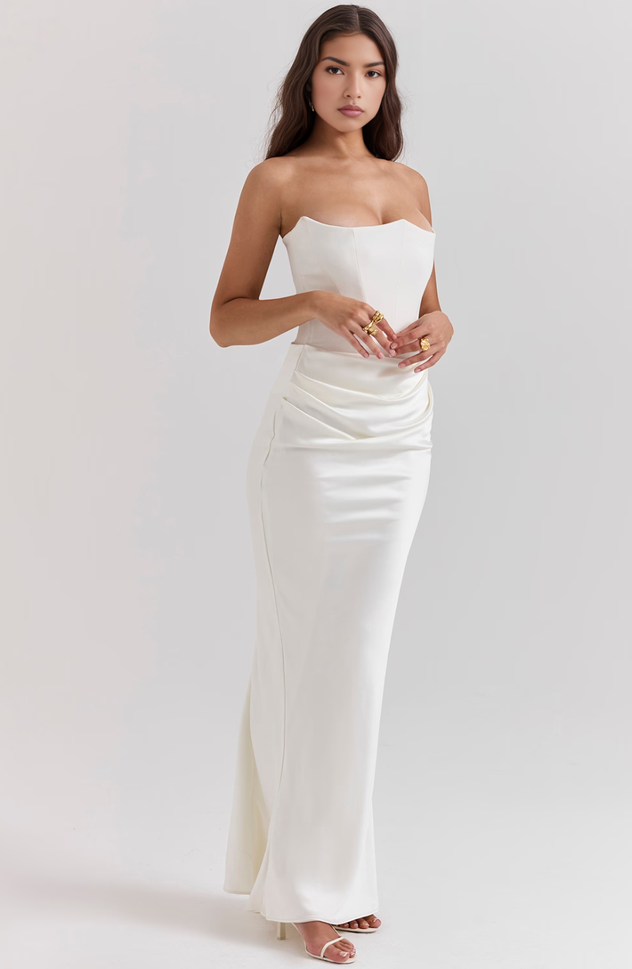 White corset maxi dress with a concealed back zipper closure