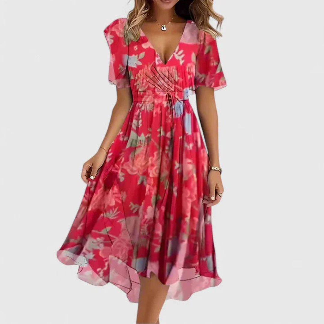 Women's red midi dress floral v-neck short-sleeve
