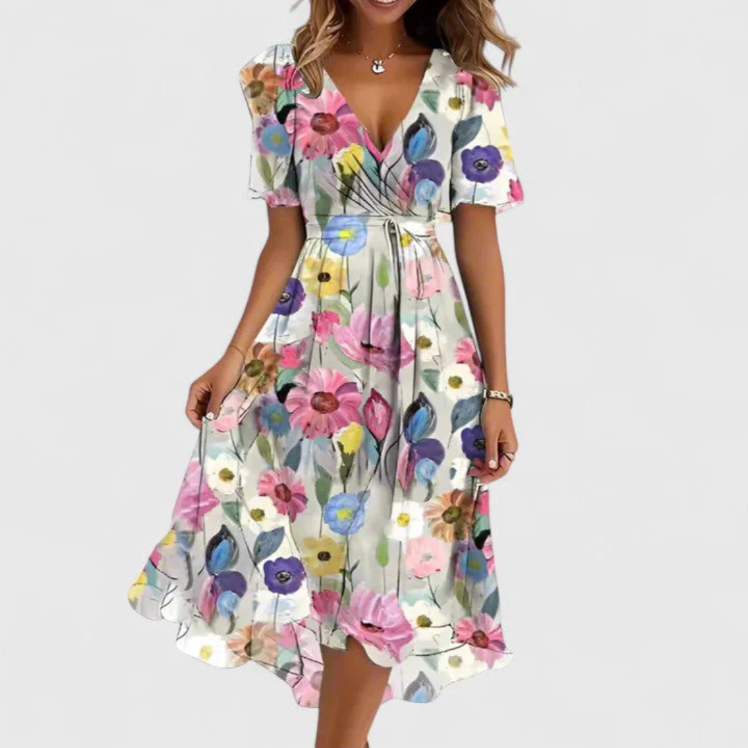 Women's red midi dress floral v-neck short-sleeve