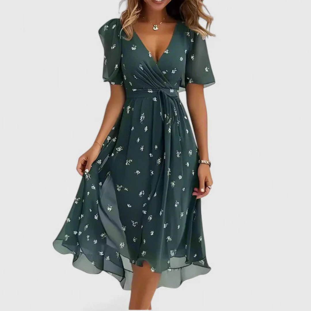 Women's red midi dress floral v-neck short-sleeve