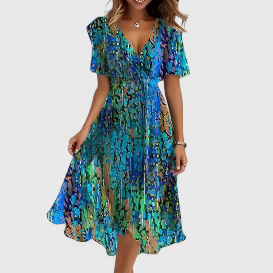 Women's red midi dress floral v-neck short-sleeve