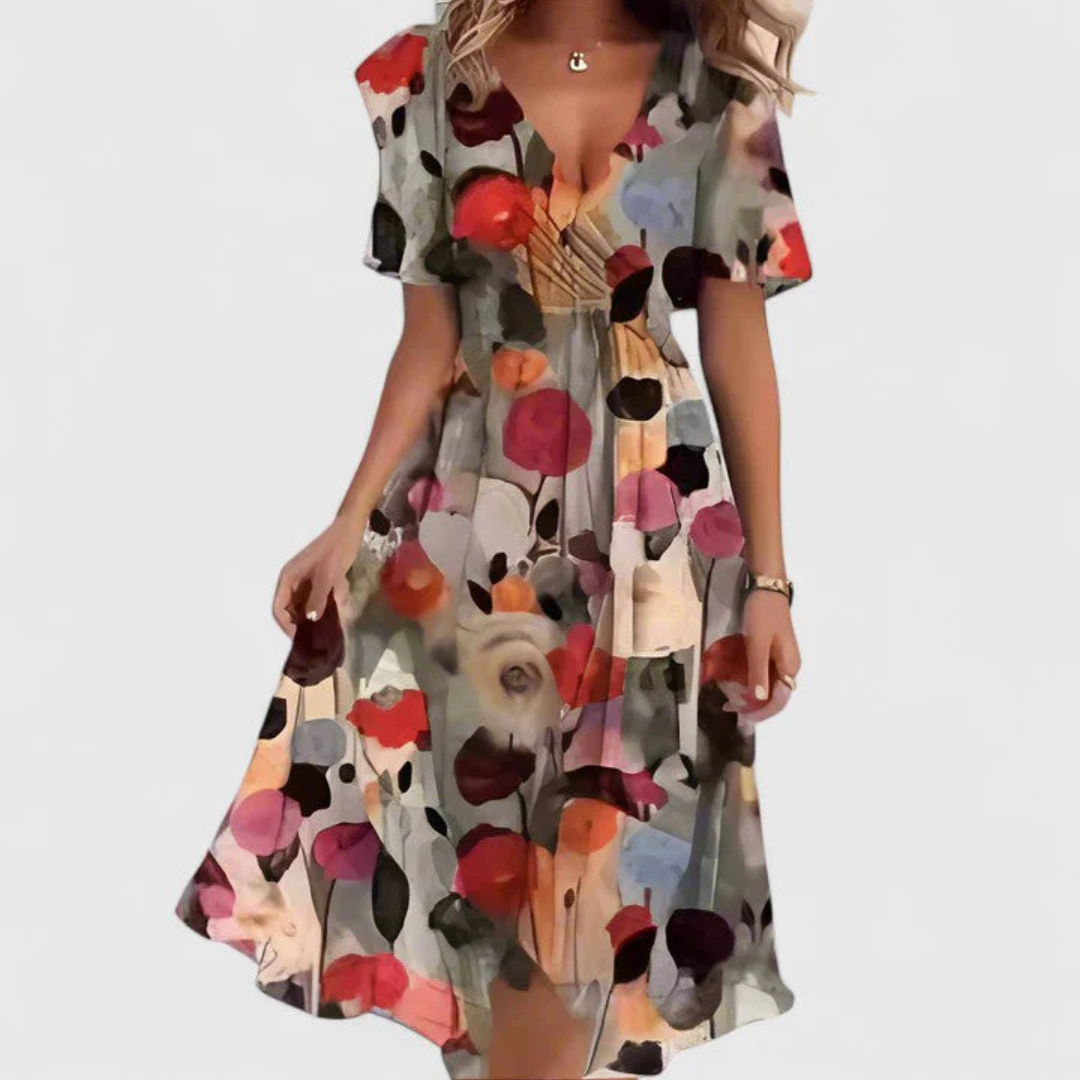 Women's red midi dress floral v-neck short-sleeve