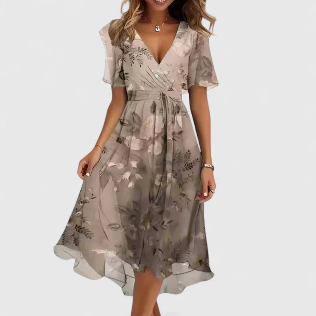Women's red midi dress floral v-neck short-sleeve