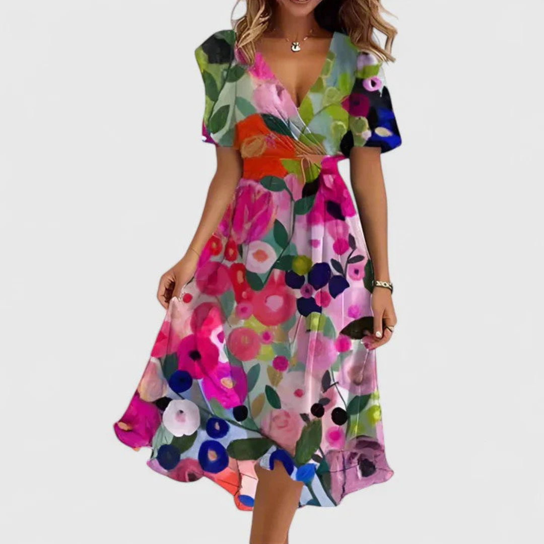 Women's red midi dress floral v-neck short-sleeve