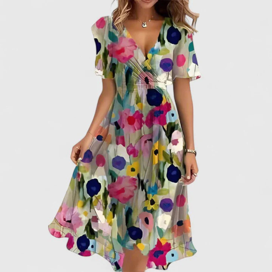 Women's red midi dress floral v-neck short-sleeve