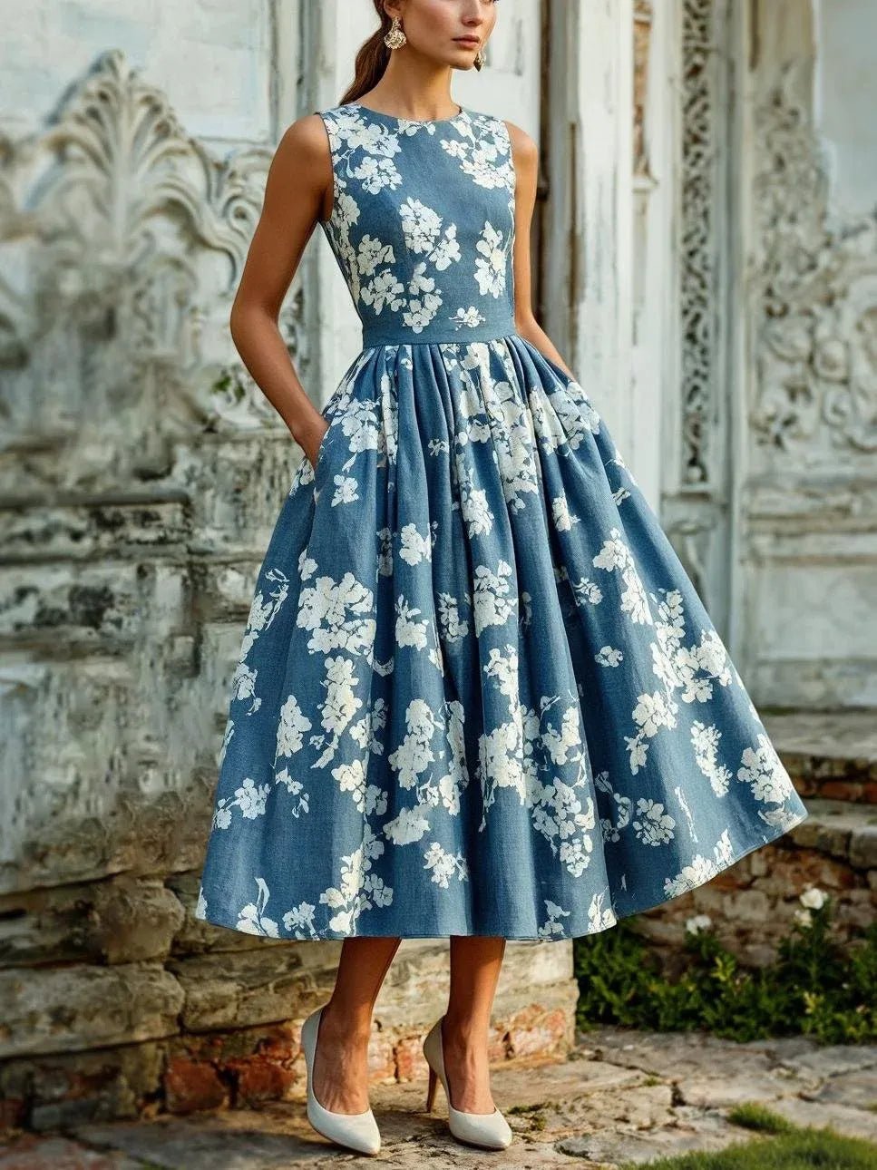 Women's blue midi dress off-shoulder floral swing