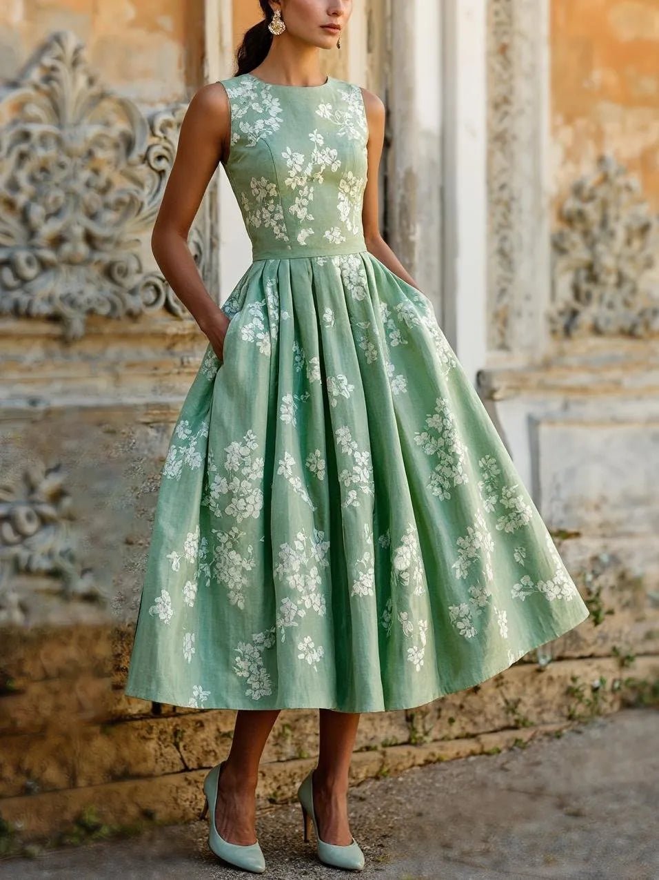 Women's blue midi dress off-shoulder floral swing