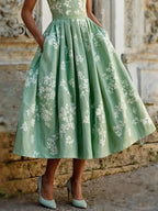 Women's blue midi dress off-shoulder floral swing
