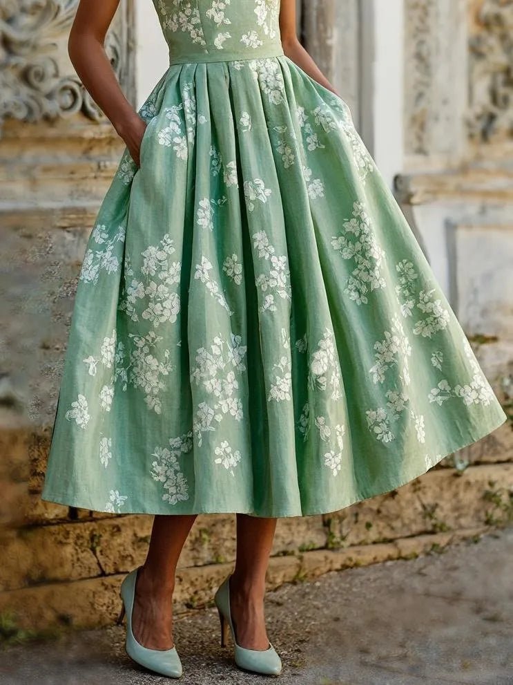 Women's blue midi dress off-shoulder floral swing