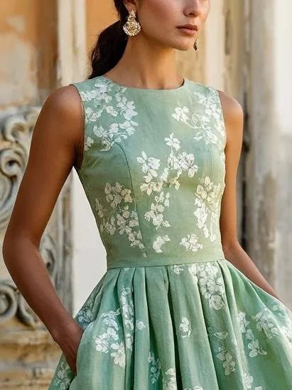 Women's blue midi dress off-shoulder floral swing